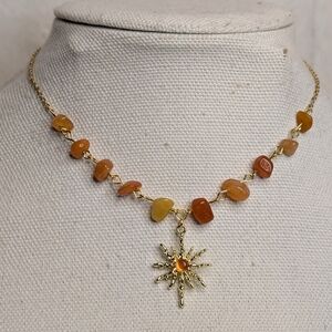 Chic Gold Necklace with Yellow / Orange Crystal Gemstones and Sun Charm